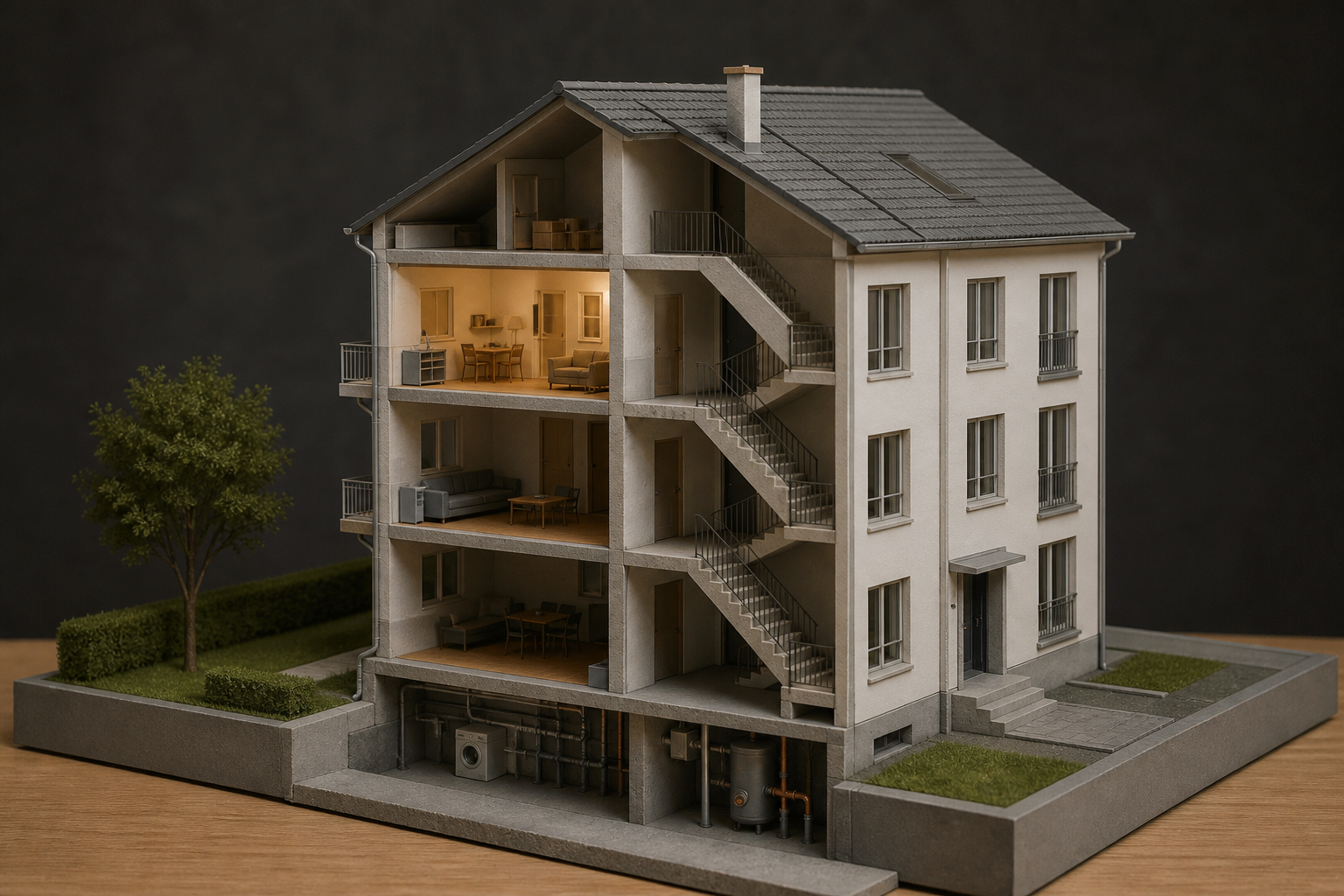 Schnittmodell eines Mehrfamilienhauses mit einer beleuchteten Wohnung und sichtbaren Gemeinschaftsbereichen.