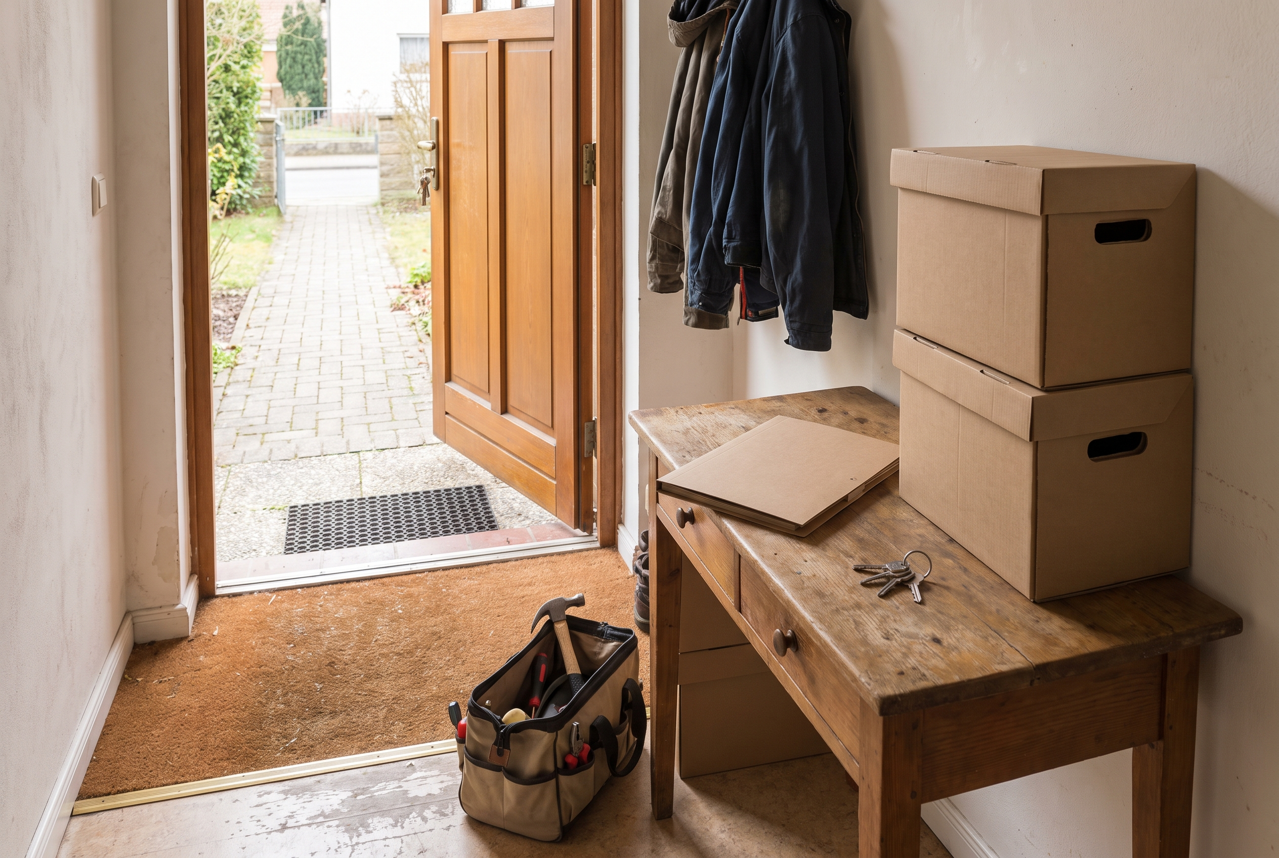 Vorbereiteter Hauseingang mit Blankomappe, Umzugskartons, Schlüsseln und unbeschrifteter Werkzeugtasche.