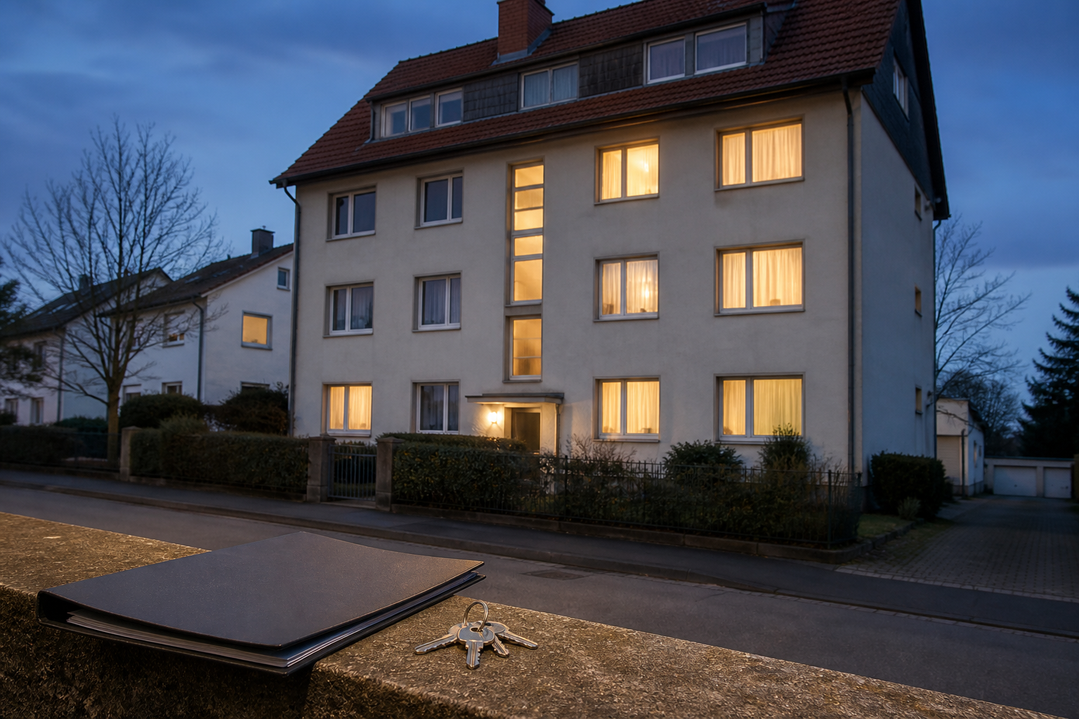 Bewohntes Mehrparteienhaus am Abend mit unbeschrifteter Verwaltungsmappe und Schlüsseln im Vordergrund.