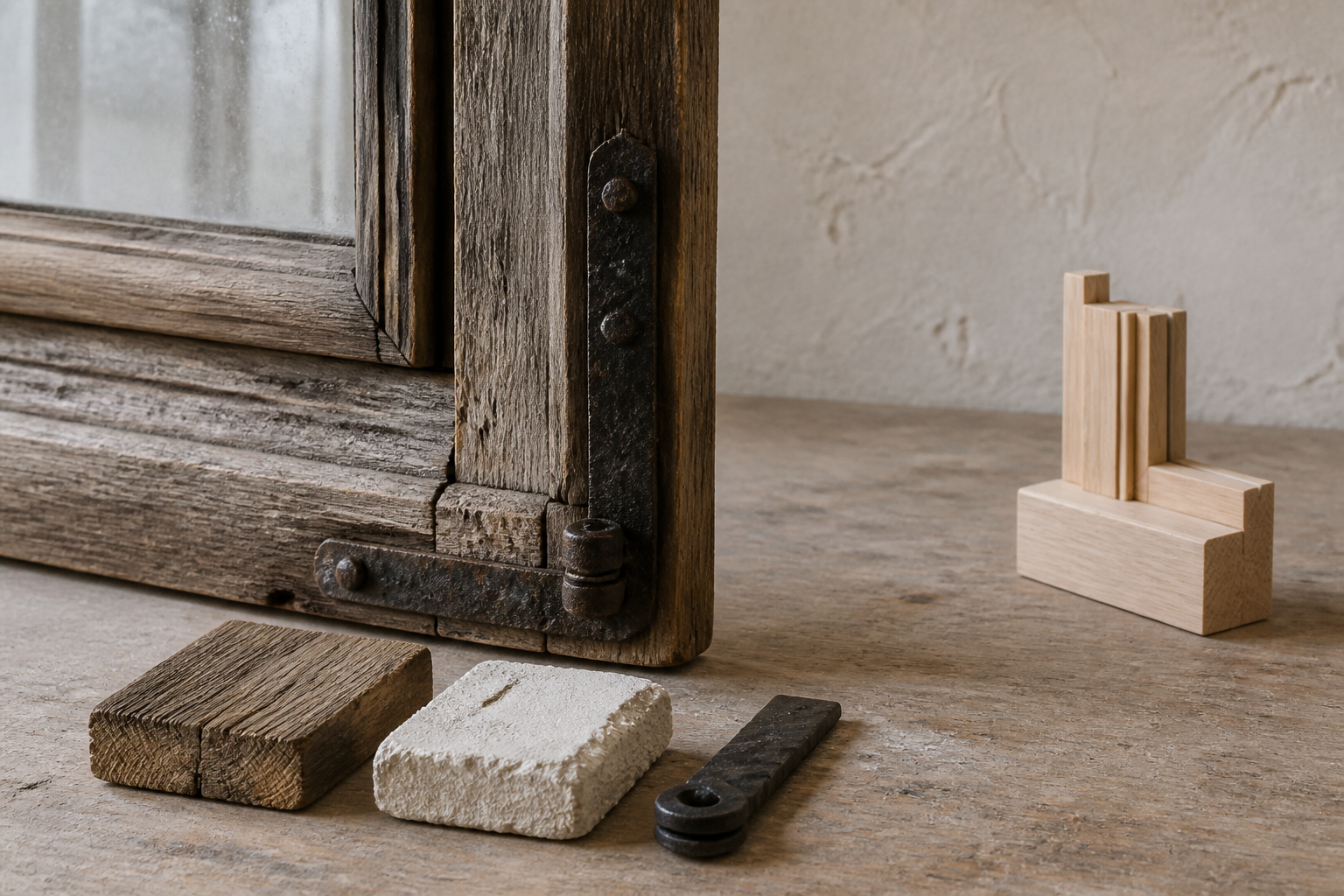 Historisches Holzfenster mit Materialproben und abgesetztem, neuem Holzmodell in einer Werkstatt.