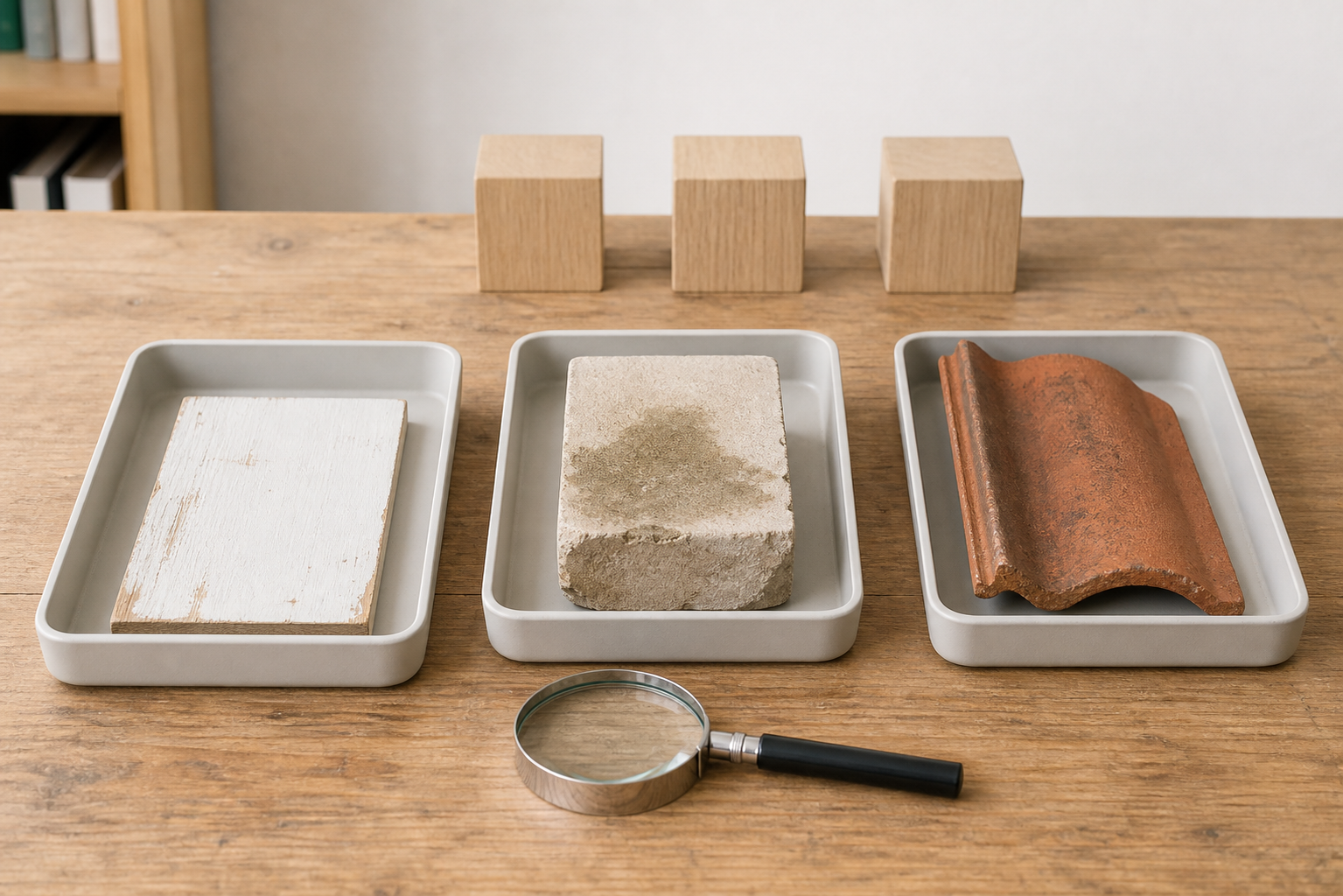 Drei getrennte Bauteilproben, eine Lupe und drei unbeschriftete Holzklötze auf einem Prüftisch.