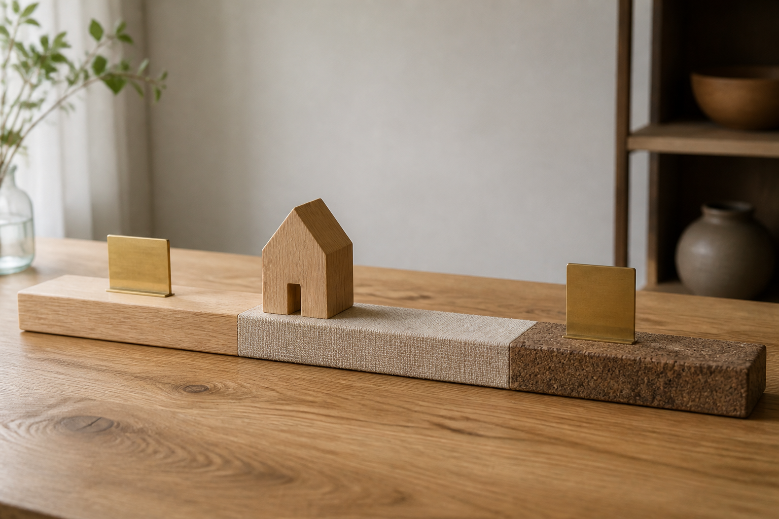 Hausmodell auf einer Chronologieschiene aus Holz, Leinen und Kork zwischen zwei blanken Messingmarkern.