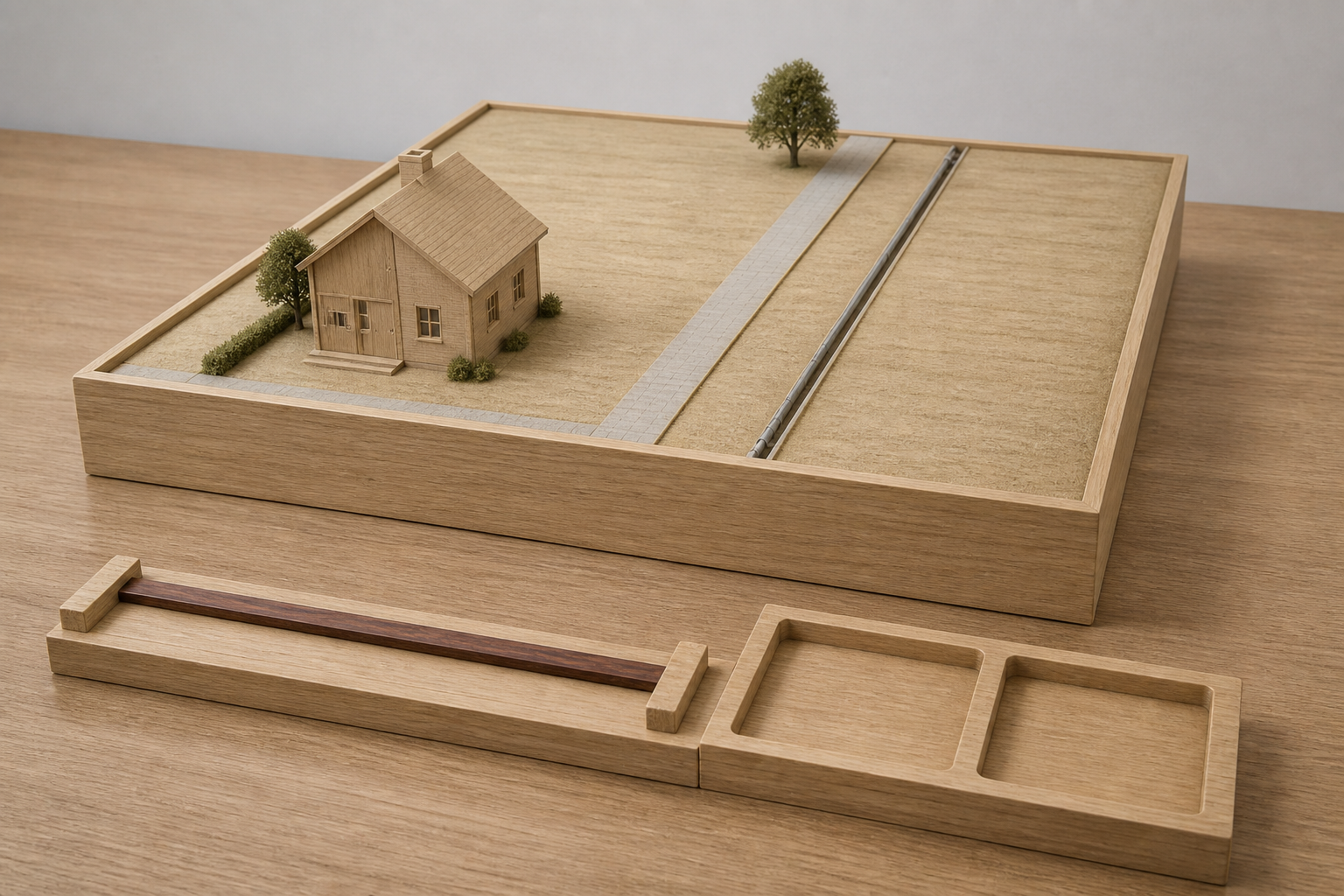 Ungeteiltes Grundstücksmodell mit Haus, Zufahrt und Versorgungskorridor neben externer Grenzleiste und leeren Mulden.