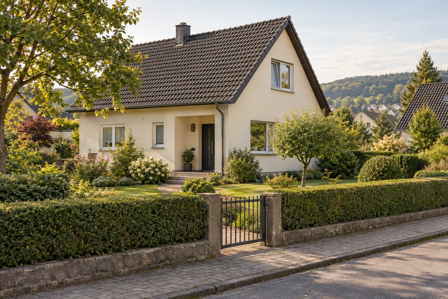 Gepflegtes Wohnhaus mit Garten und einer niedrigen Hecke entlang der Grundstücksgrenze