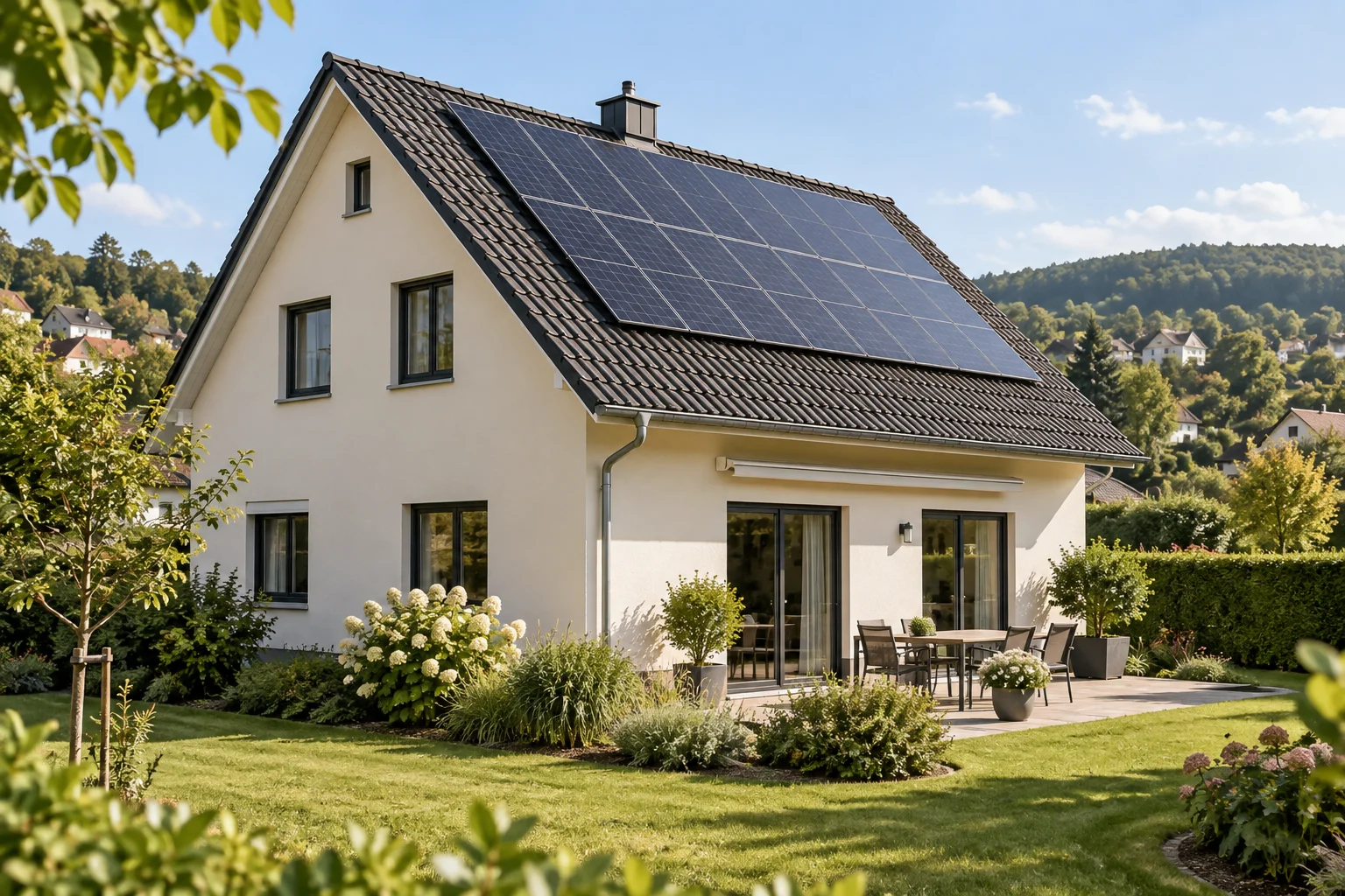 Freistehendes Wohnhaus mit einer Photovoltaikanlage auf dem geneigten Dach